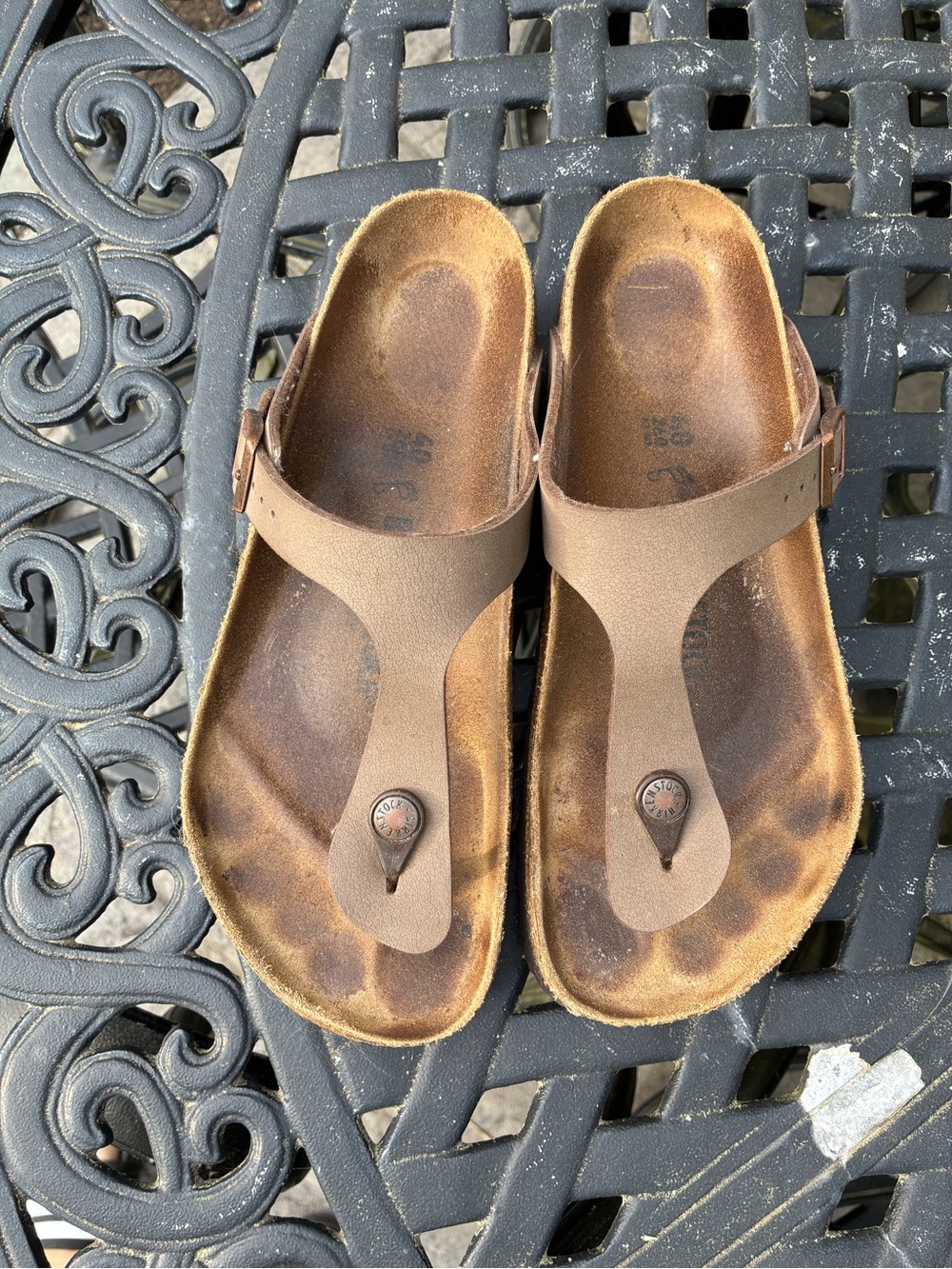 Birkenstock Taupe Leather Thong Sandal with Bronze Buckle